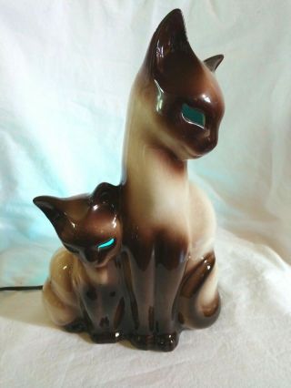 Vintage Mcm Kron Ceramic Siamese Cat Kitten T.  V.  Lamp Nightlight 13 " Signed