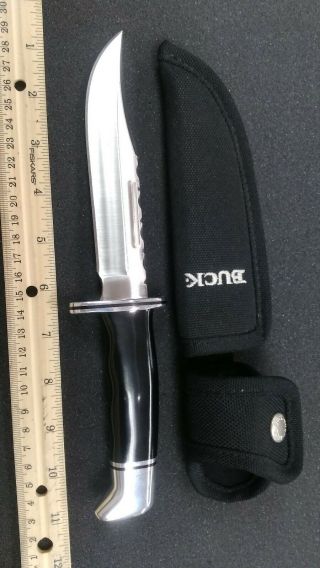 Custom Buck Usa Model 119 Fixed Blade Knife.  File Work On Blade Spine.  Sheath