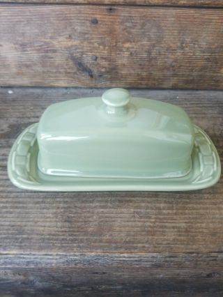 Longaberger Pottery Covered Butter Dish Sage Green Woven Traditions
