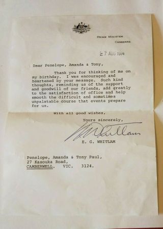 Gough Whitlam Letter Signed Australiana Australian Political Ephemera