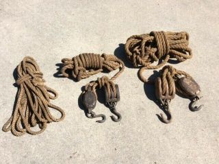 Antique Vintage Pulley Block And Tackle Set Of 2 With Extra Rope