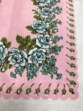 Vtg Cotton Tablecloth 40s 50s Pink W Blue Flowers 43” X 62”