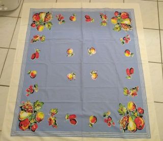 Vintage Print Tablecloth Blue Yellow Green Red Fruit Farmhouse 48 " X 48 "