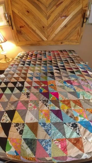 Vintage Hand Stitched Triangle Squares Patchwork Quilt Top