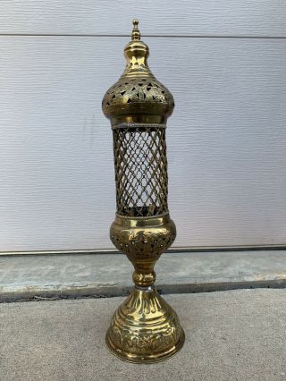 Vtg Moroccan Brass Candle Holder Etched Religious Lantern Hollywood Mid Century