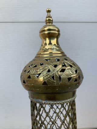 Vtg Moroccan Brass Candle Holder Etched Religious Lantern Hollywood Mid Century 2