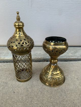 Vtg Moroccan Brass Candle Holder Etched Religious Lantern Hollywood Mid Century 7