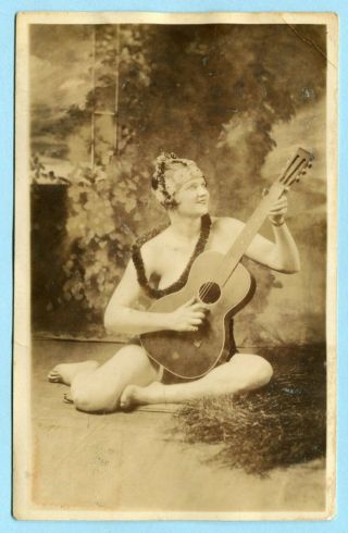 Antique Hawaii Territory Rppc Risque Girl Playing Guitar Real Photo
