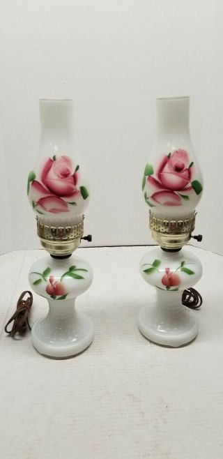 Pair Vintage Hobnail Milkglass Hand Painted Roses Hurricane Lamps Fenton?