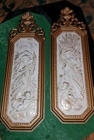 Neoclassical Gorgeous Vintage Gold Syroco Angel & Cherub Wall Plaques