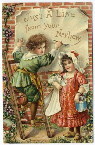 Nephew Sending Greetings Postcard 1910 Little Boy & Girl Sign Painting