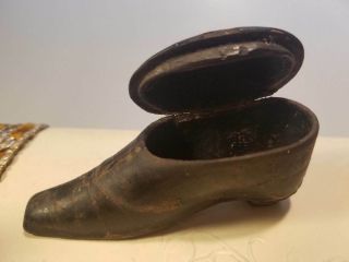 Rare Antique 19th C.  Wood Shoe Trinket Box Hinged Lid Black Lacquer Silver Trim