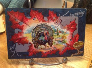 Vintage Thanksgiving Postcard Turkey Scene In Red Leaf,  Blue Wood Frame,  Acorn