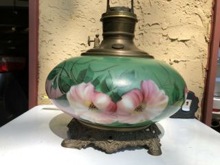 Antique 11” Hand Painted Floral Design Glass Kerosene Oil Lamp Base Green