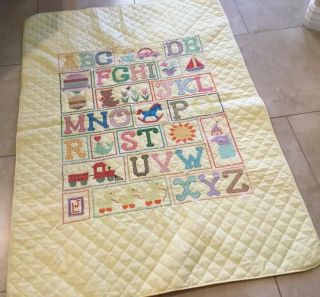Hand Made Crib Quilt,  Cross Stitch Embroidery,  Abc’s,  Yellow,  Multi,  Reversible