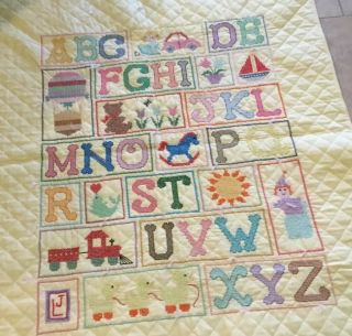 Hand Made Crib Quilt,  Cross Stitch Embroidery,  ABC’s,  Yellow,  Multi,  Reversible 2