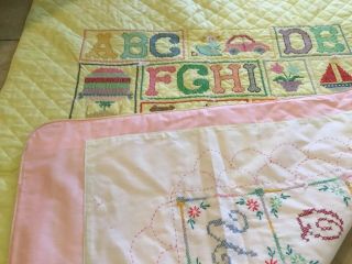 Hand Made Crib Quilt,  Cross Stitch Embroidery,  ABC’s,  Yellow,  Multi,  Reversible 3