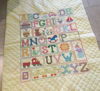 Hand Made Crib Quilt,  Cross Stitch Embroidery,  ABC’s,  Yellow,  Multi,  Reversible 4