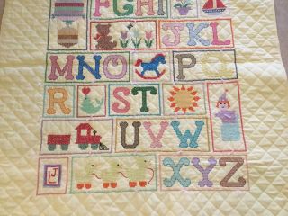 Hand Made Crib Quilt,  Cross Stitch Embroidery,  ABC’s,  Yellow,  Multi,  Reversible 5