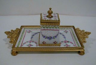 Antique P.  P.  Limoges Ladies Writing Desk Inkwell & Tray Flower Decorated