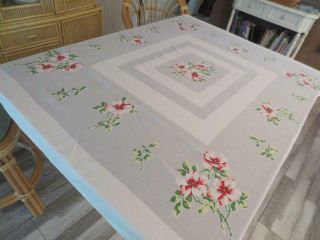 Vintage Grey White Red Hibiscus Floral Bordered Tablecloth 45 " X 54 "