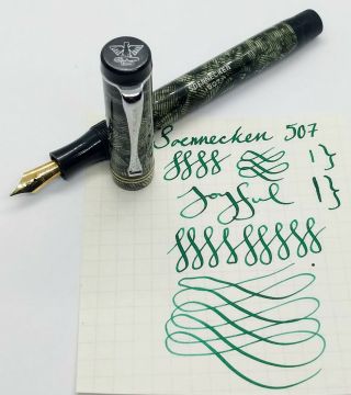Soennecken 507 Grey Hatched Celluloid Full Size Pen Ob 14k Gold Nib Soft Flex