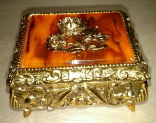 Vintage Music Box The Way We Were Faux Tiger Eye & Gold Tone Adorned Roses.