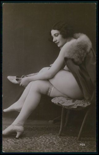 Photo French Risque Near Nude Woman Legs & Stockings Old 1920s Postcard