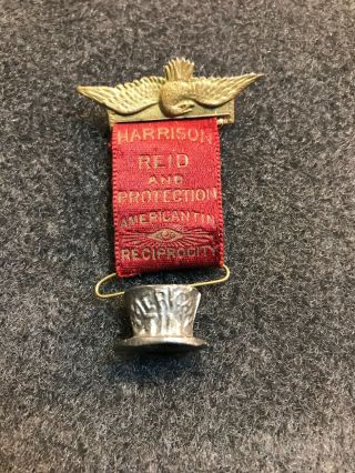 1892 Benjamin Harrison Campaign Pin & Ribbon American Tin Top Hat