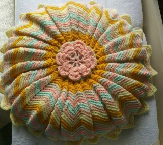 Pastels And Colorful Vintage 1960’s Hand Made Crochet Round Pillow