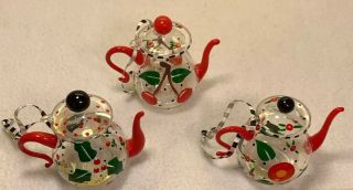 Set Of 3 Mary Engelbreit Kurt S Adler Glass Blown Teapot Cherry Holly I328