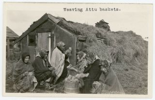 Weaving Attu Baskets 1 Woman Smokes Pipe Aleut Alaska Real Photo Postcard Rppc