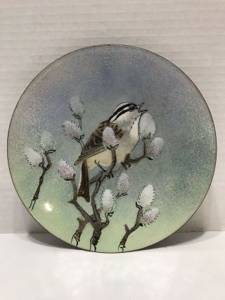 Norman Brumm Art Enamel On Copper 7 " Plate Sparrow Bird On Pussy Willow Tree