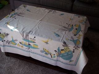 Vintage 50 " Square Tablecloth,  1950s Yellow And Aqua Blue,  Kitchen Fruit Bowls