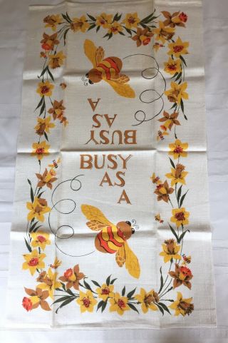 Vintage Linen Tea Towel,  Busy As A Bee With Daffodils.