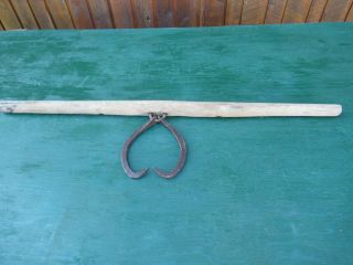 Vintage 2 Man Log Tongs Iron Metal Logger Tool 46 " Wooden Handle Hook