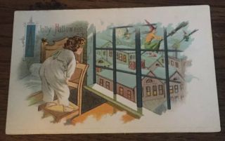 Vintage Halloween Postcard Witches On Broom Sticks Flying Child Window Embossed