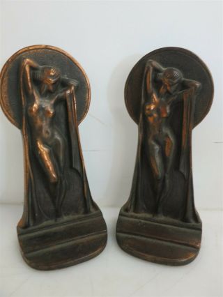 Antique Art Deco Bronze Goddess 7.  5 " Bookends Pair