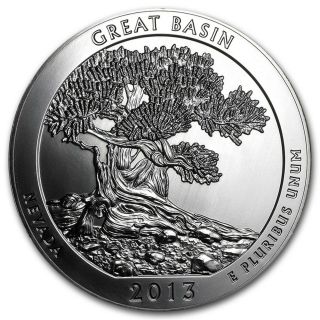 2013 5 Oz Silver America The (atb) Great Basin Coin In Capsule Unc/bu