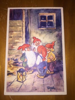 Vintage Swedish Christmas Mini Postcard Scandinavian Elves Gnomes Lantern Barn