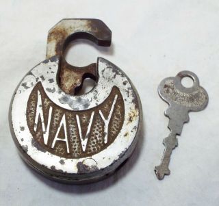 Old Antique Navy Metal Pancake Padlock Lock W/ Key Military