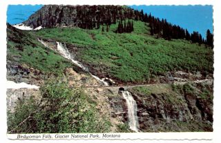 Birdwoman Falls Glacier National Park Montana Vintage Postcard Snow Water Trees