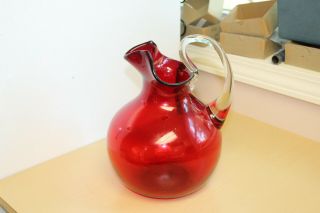 Hand Blown Antique Ruby Red Glass Pitcher W/applied Handle