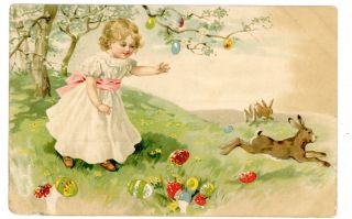 Easter Greetings - Girl Chasing Bunny - Hold To Light Htl Postcard Brown Rabbit