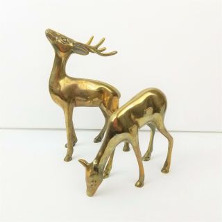 Vintage Pair Solid Brass Deer Figurines 6 " Tall Buck Grazing Doe Figures Mcm