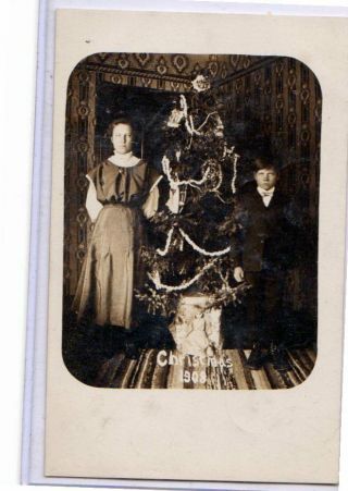 Real Photo Postcard Rppc - Girl And Boy With Decorated Christmas Tree 1908