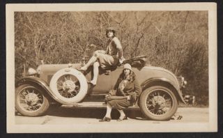 Temptress Sexy Flapper Women Pose On Ford Model A Car 1930s Vintage Photo