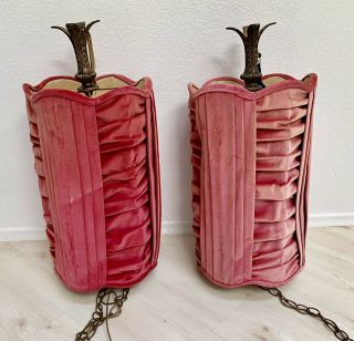 Two Vintage Rose Pink Velvet Swag Lamps