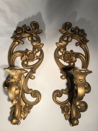 Vtg Pair Gold Syroco Wall Sconces Ornate Hollywood Regency Candle Holders