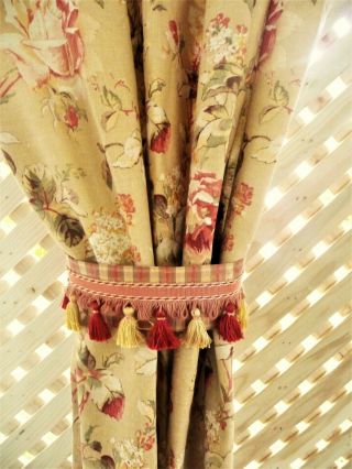 Vintage Woven Cotton Floral Curtains With Tiebacks Lined